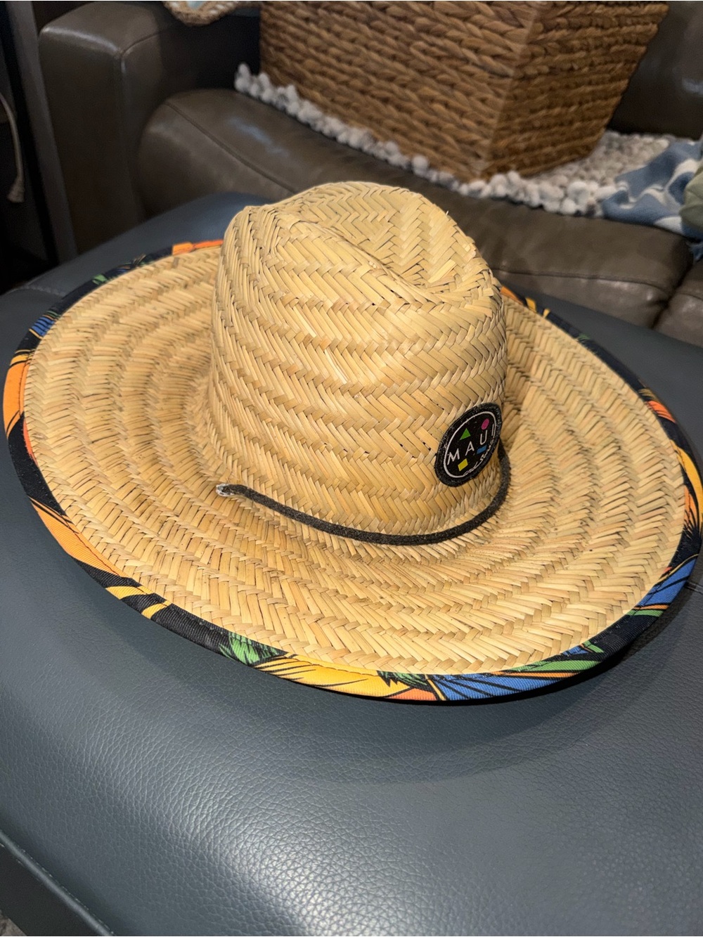 Maui and Sons Natural Straw Hat with Black Logo and Multicolor Trim - Picture 2 of 5
